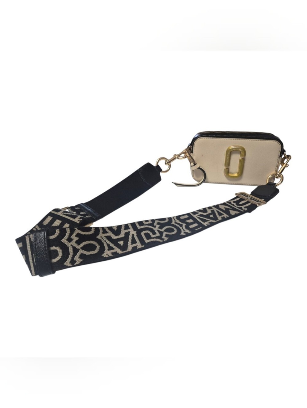 Marc Jacobs "The Snapshot" Beige Camera Crossbody w Gold Accents MJ Wide Strap